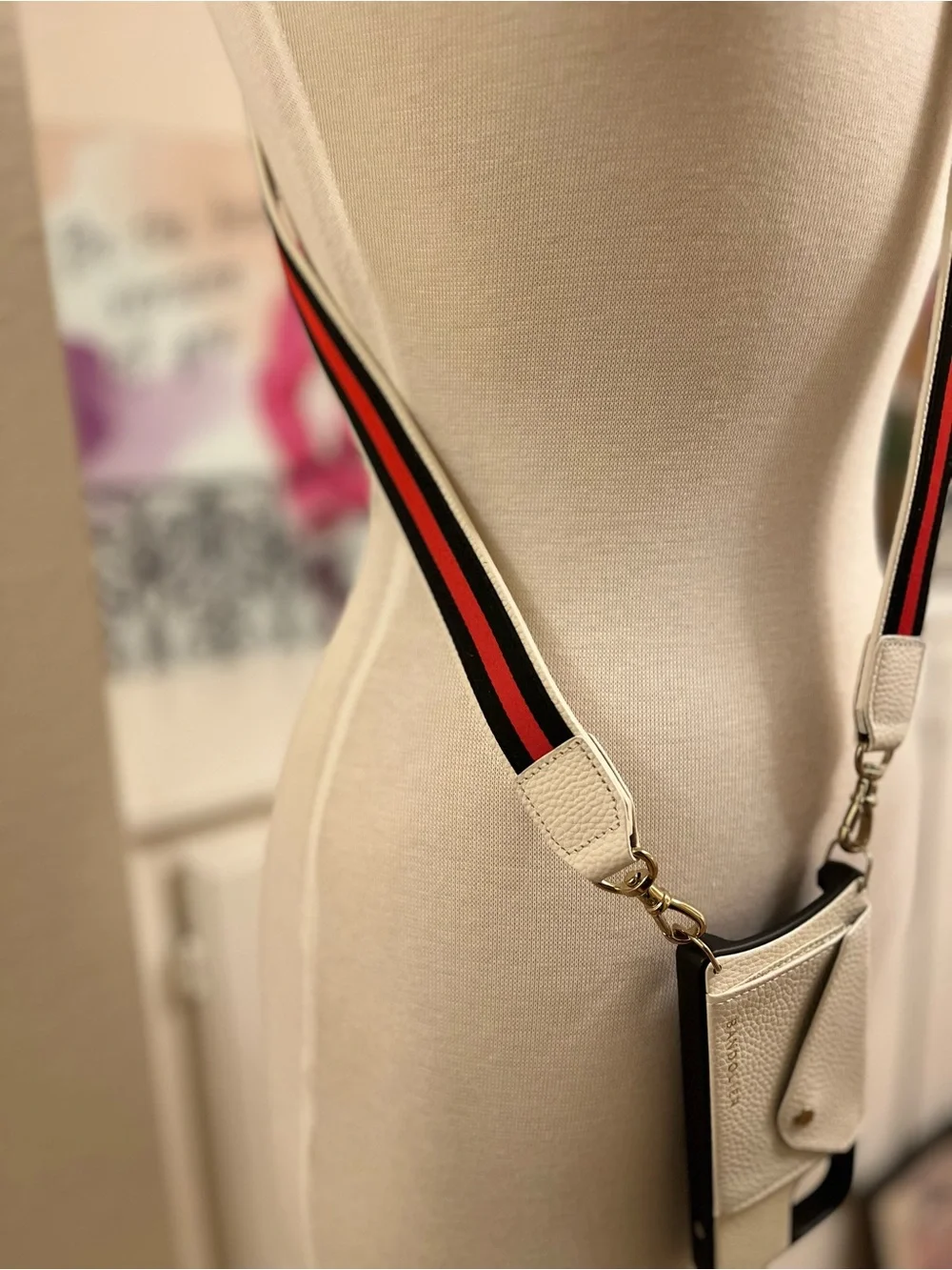 Bandolier White Phone Crossbody with Red & Black Stripe Strap